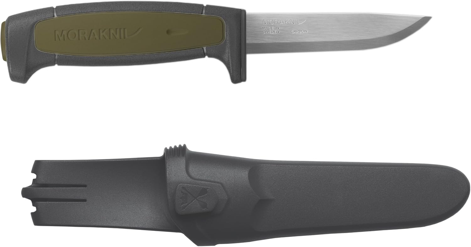Morakniv Basic 511 schwarz/Oliv, Freizeitmesser Gürtelmesser aus Carbonstahl mit Kunststoffscheide
