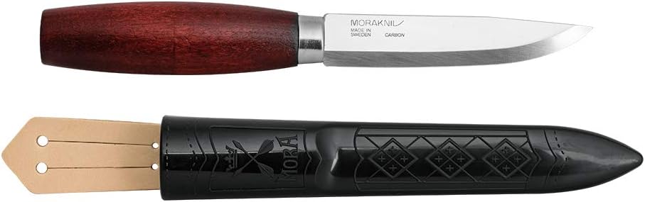 Morakniv Classic 2 mit 10,5 cm Carbonstahlklinge, rotbraunem Birkenholzgriff und Polymerscheide mit Lederschlaufe, 13604
