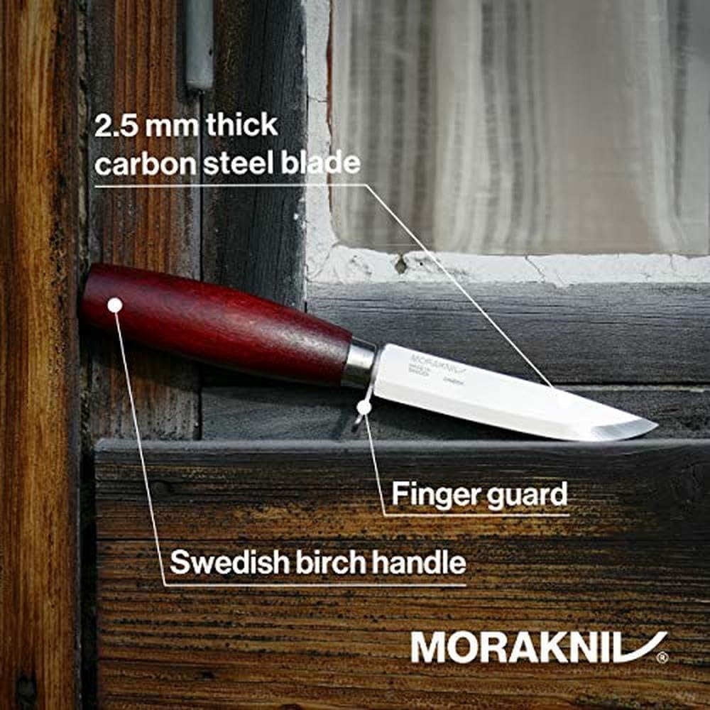 Morakniv Classic 2F mit Fingerschutz, 10,5 cm Carbonstahlklinge, rotbraunem Birkenholzgriff, Polymerscheide mit Lederschlaufe — Ansicht 2