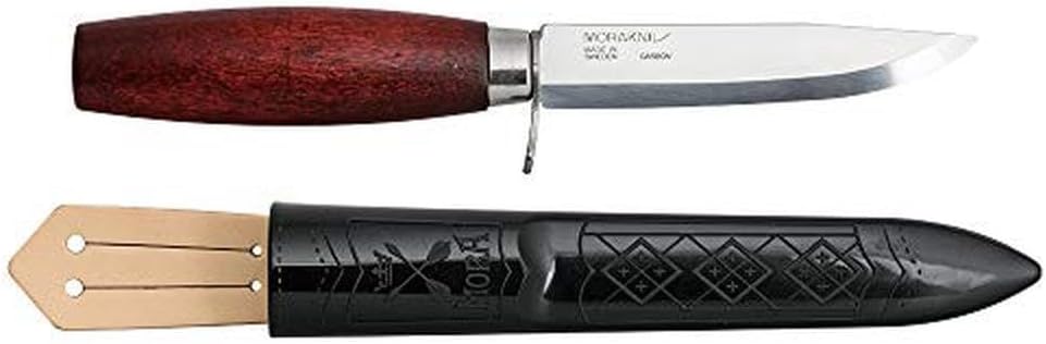 Morakniv Classic 2F mit Fingerschutz, 10,5 cm Carbonstahlklinge, rotbraunem Birkenholzgriff, Polymerscheide mit Lederschlaufe