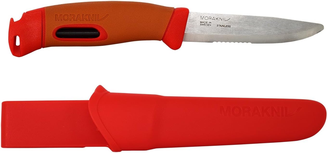 Morakniv Companion Spark Emergency (S) – Gezacktes Outdoor Messer mit Feuerstahl & Reflektierender Griffschnur – Klinge aus Schwedischem Edelstahl – Hergestellt in Schweden