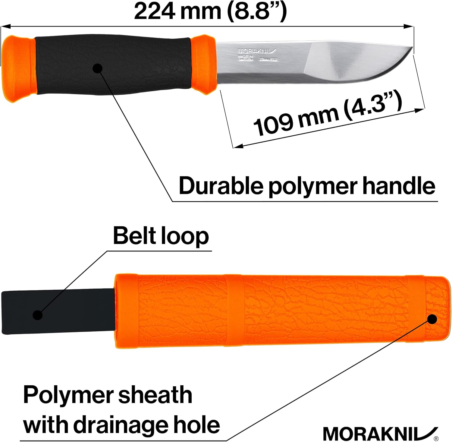 Morakniv Gürtelmesser 2000 Orange, rostfreier Stahl, orange/schwarzer Kunststoff-Griff, Kunststoff-Scheide — Ansicht 3