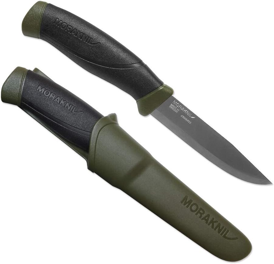 Morakniv,M11827,Companion AA8Messer mitEdelstahlklinge, abrutschfestem Griffin Olive-schwarz und Messerholster mitGürtelclip, Grün