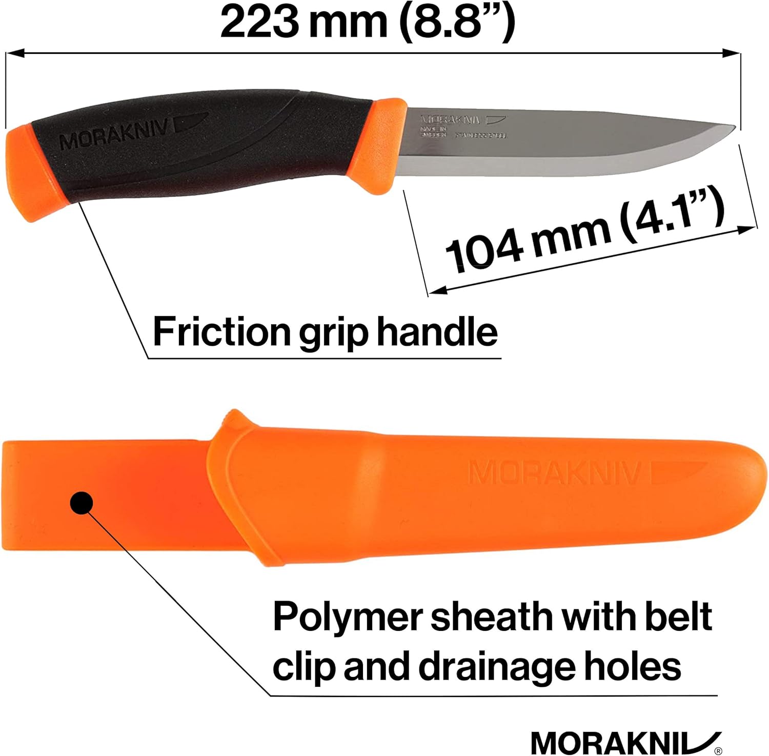 Morakniv Messer - Companion - rostfreier Sandvik Stahl 12C27 - zweifarbiger Griff - neonfarbene Scheide mit Gürtelclip, 134510 — Ansicht 3