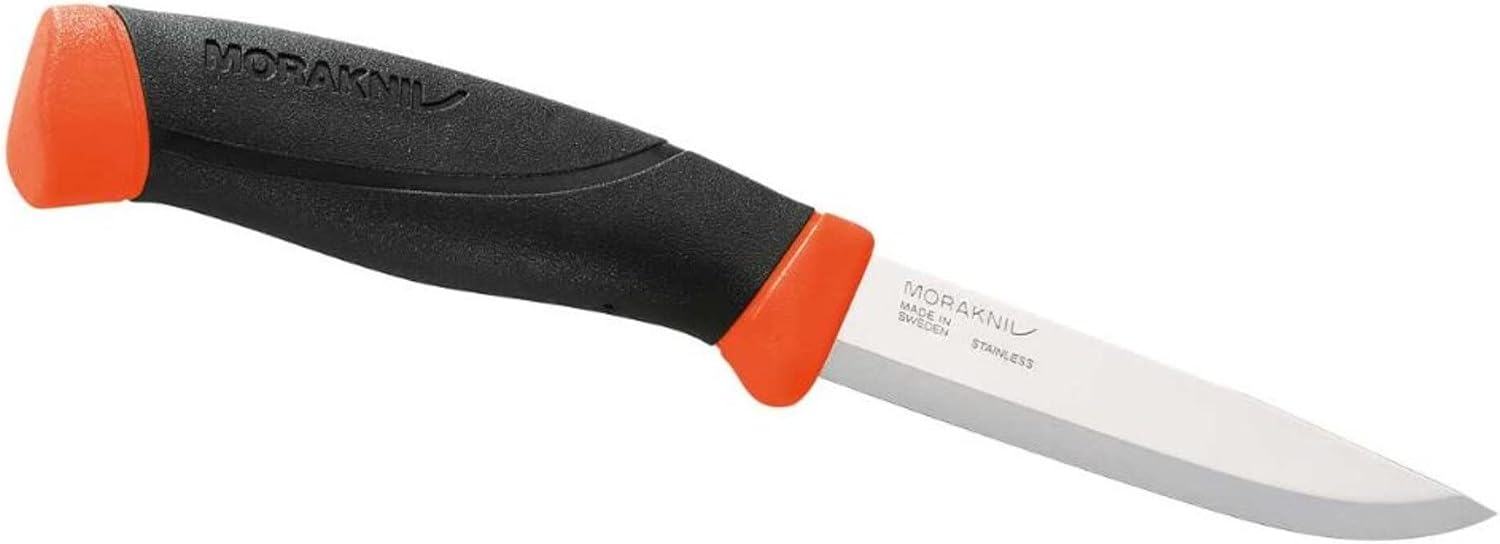 Morakniv Messer - Companion - rostfreier Sandvik Stahl 12C27 - zweifarbiger Griff - neonfarbene Scheide mit Gürtelclip, 134510