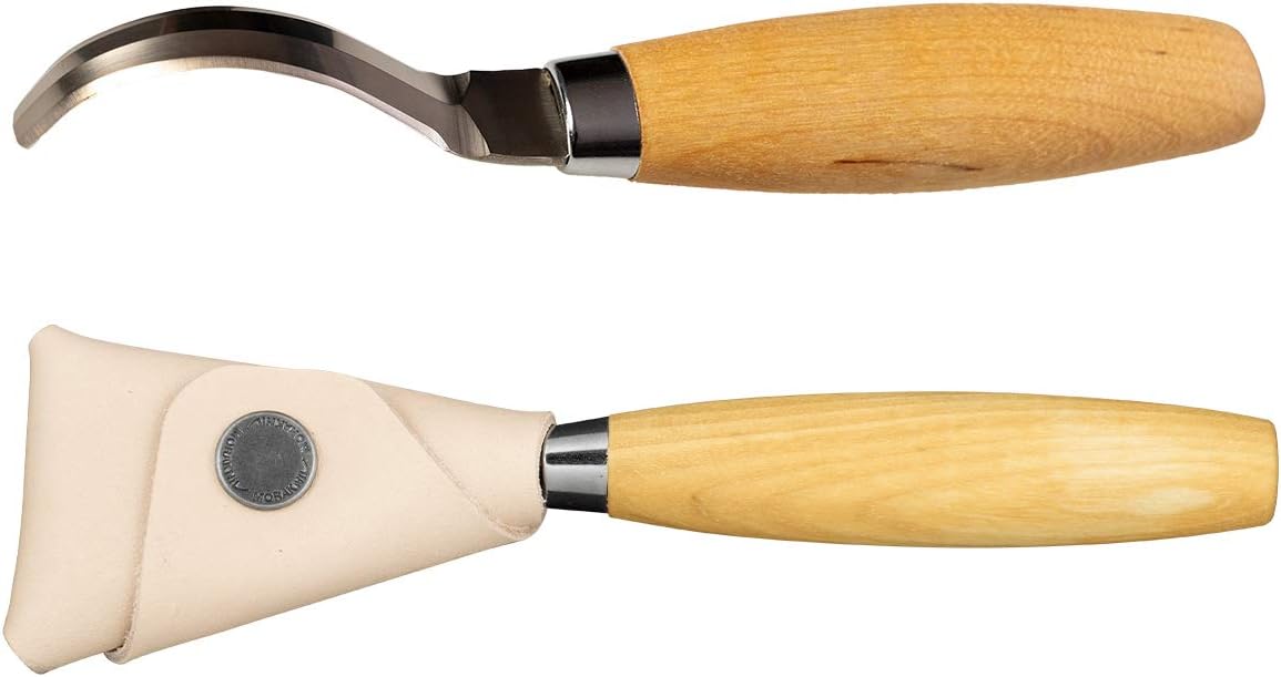 Morakniv Schnitzmesser 163 mit Birkenholzgriff - Doppelseitiges Löffelschnitzmesser aus schwedischem Edelstahl mit Lederscheide - 183 mm - Profi Schnitzmesser Erwachsene - Made in Sweden