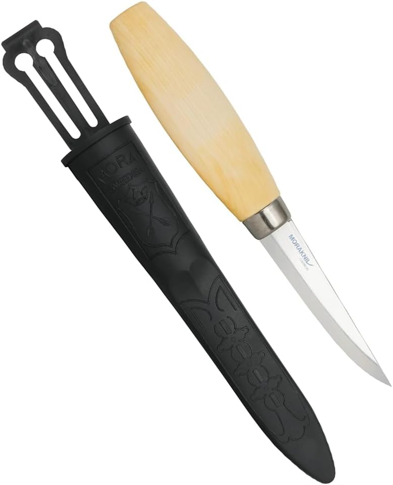 Morakniv Schnitzmesser Erwachsene - Mora Schnitzmesser 106 für die meisten Schnitzarbeiten - 85 mm Klinge aus deutschem Kohlenstoffstahl - Schnitzwerkzeug mit Birkenholzgriff & Scheide Made in Sweden