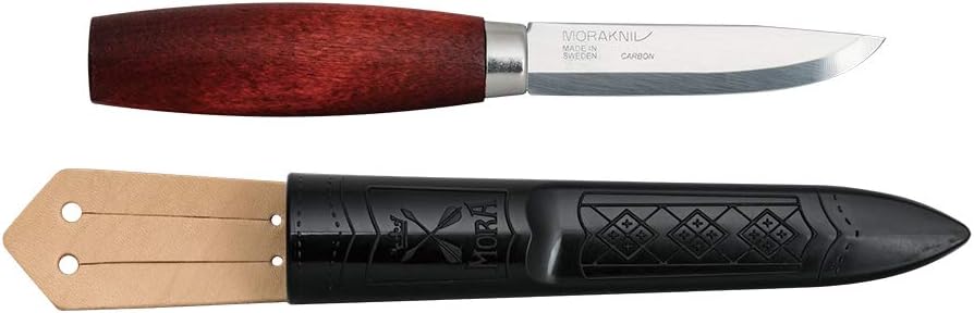 Morakniv Unisex-Adult Classic 1/0 mit 7,6 cm Carbonstahlklinge, rotbraunem Birkenholzgriff und Polymerscheide mit Lederschlaufe 13603, Mehrfarbig, Standard